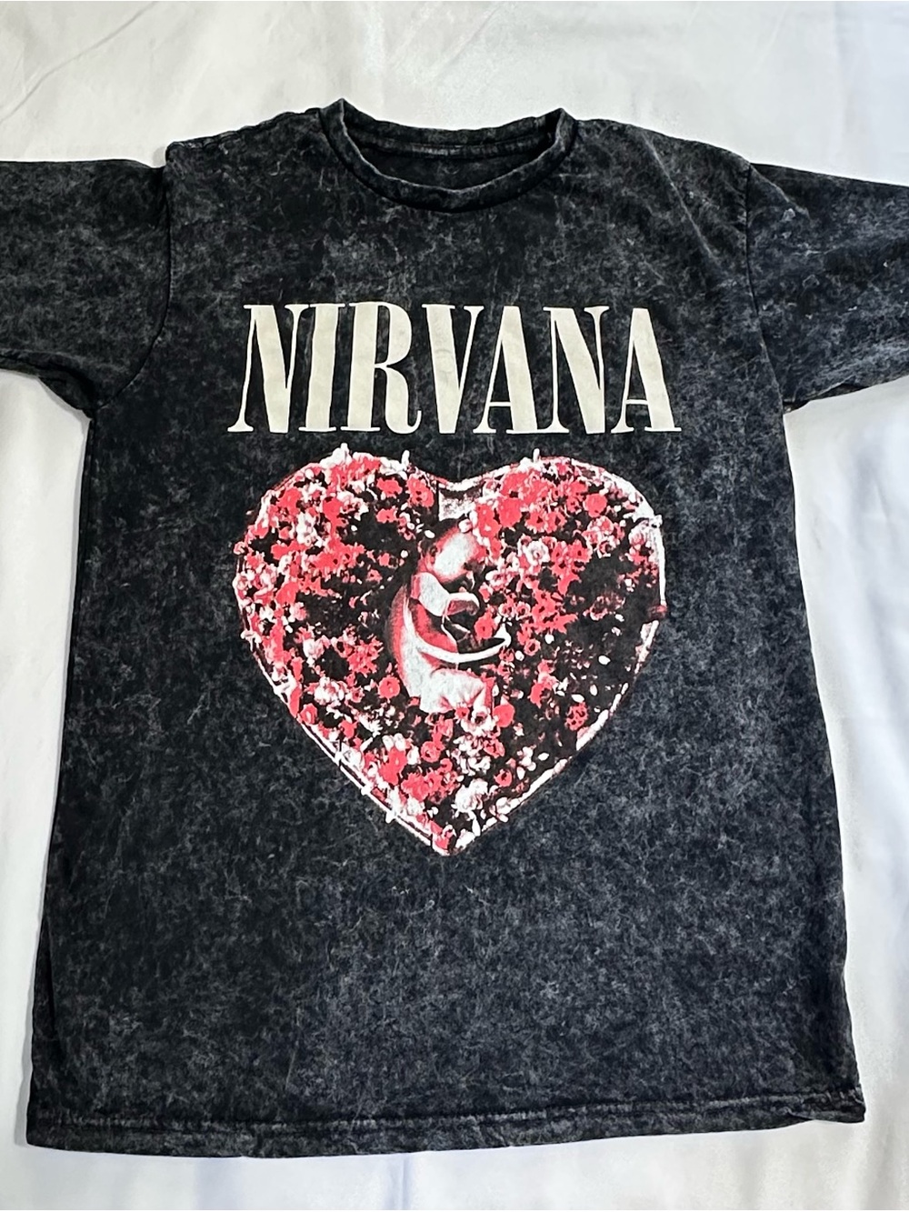 NIRVANA Black Acid-Wash Tee with Pink Floral Heart Graphic